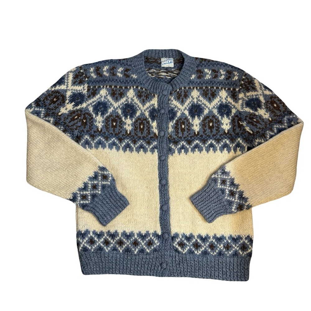 Vintage 100% Wool Blue and Cream Cardigan Sweater